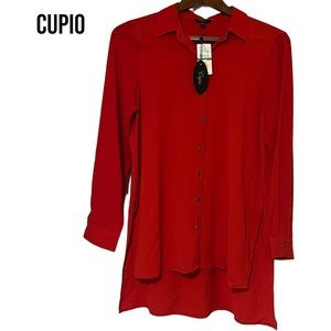 Cupio Red Button-Front Long Sleeve Tunic Blouse